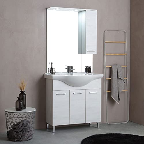 Kiamami Valentina - Mobile Bagno a Terra 85 cm | Lavabo in Ceramica | Specchio con Pensile e Faretti a LED | 3 Ante | Mobile Completo Moderno, Quercia Bianco, Legno