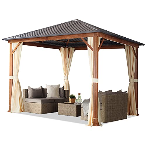 Gazebo da giardino 3x3 m look legno, tetto Hardtop in acciaio, 4 teli laterali color crema