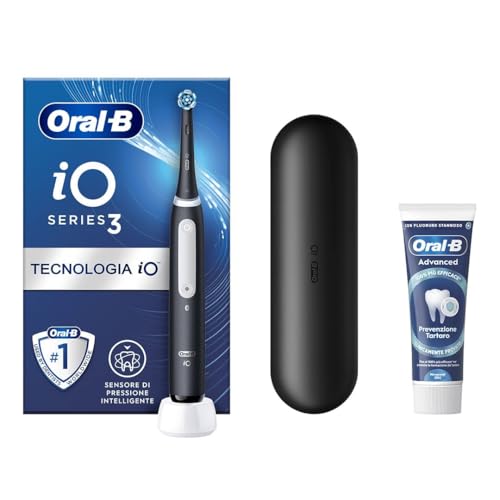 Oral-B Spazzolino Elettrico Ricaricabile iO 3 Nero con 1 Testina Di Ricambio, 1 Custodia Da Viaggio +1 Dentifricio Oral-B Advanced Prevenzione Tartaro, Nuova versione