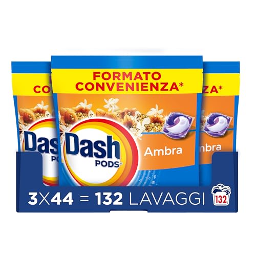 Dash Pods Detersivo Lavatrice In Capsule, 132 Lavaggi (3x44), Ambra, Rimuove le Macchie, Igienizza, Dona Freschezza, Brillantezza Per I Capi