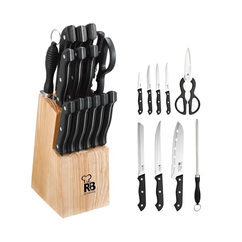 RENBERG Tenessy | Coltelli da Cucina | Set Completo di 15 Pezzi con Ceppo di Legno | Perfetti per Tagliare Ogni Ingrediente | Cucina Professionale | Fabbricati in Acciaio Inox