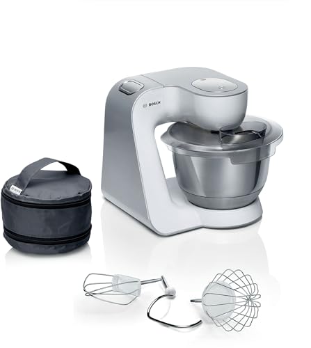 Bosch Robot da cucina serie 4 MUM58200, gancio per impastare, frusta e frusta in acciaio inox, tasca per accessori, ciotola in acciaio inox, sistema di miscelazione 3D, bianco/argento