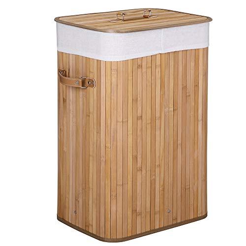 Bakaji Cesto Biancheria Sporca Portabiancheria Casa in Legno di Bamb&ugrave; e Tessuto Contenitore Pieghevole Salvaspazio con Coperchio e Manici Capacit&agrave; 70lt Dimensione 40 x 30 x 60 cm (Naturale)