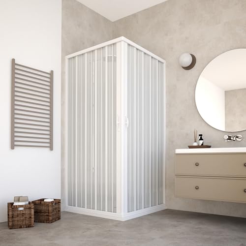 Box Doccia 70x70x185 cm modello Paola in PVC cabina con apertura angolare doppia anta a soffietto riducibile reversibile di colore bianco.