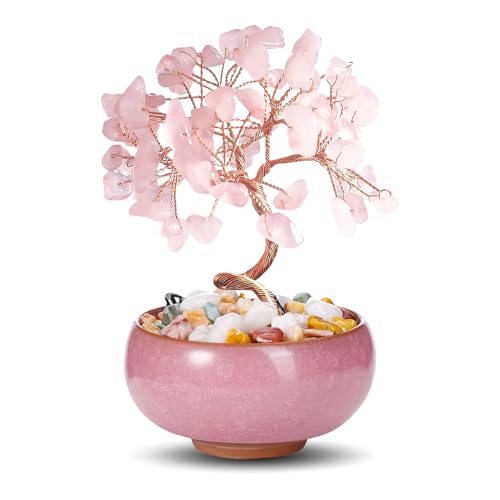 WEILAOK Albero della Vita di Quarzo Rosa, Pietre Chakra Oggetti, Soprammobile Portafortuna, Feng Shui Pietre e Cristalli, Meditazione Reiki Oggetti per Decorazione della Casa Regali di Compleanno