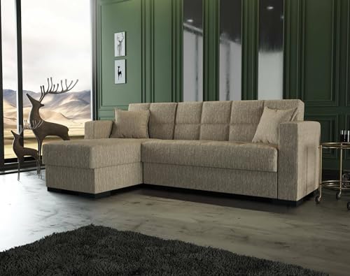 Dmora - Divano letto con penisola Fernando, Divano ad angolo reversibile, Sofà contenitore da soggiorno con chaise longue e 2 cuscini, 230x150h81 cm, Beige