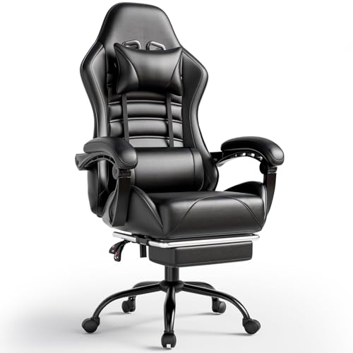 Sedia Gaming Ergonomica, Poltrona Gaming con Schienale Regolabile, Sedia da Gamer con Poggiatesta e Supporto Lombare, Sedia Gamer in Pelle Sedia Gaming con Poggiapiedi (Cuscino laterale, Nero)