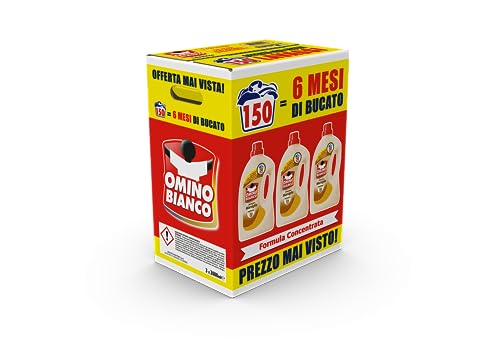 Omino Bianco - Detersivo Lavatrice Liquido, 150 Lavaggi, Rispetta Colori e Tessuti, Fresco Profumo con Essenza Cuore di Marsiglia, 2000 ml x 3 Confezioni