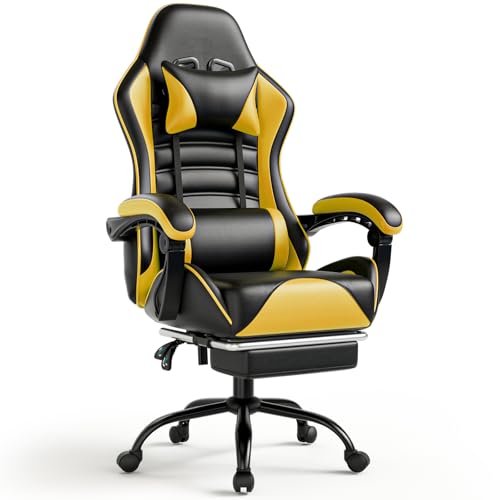 Fruyyzl Sedia Gaming Ergonomica, Poltrona Gaming con Schienale Regolabile, Sedia da Gamer con Poggiatesta e Supporto Lombare, Sedia Gamer in Pelle Sedia Gaming con Poggiapiedi (XL, Giallo)