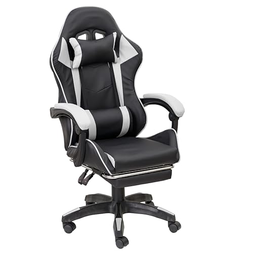Baroni Home Sedia Gaming con Schienale Ergonomico Inclinabile e Altezza Regolabile, Sedia Ufficio con Supporto Lombare, Poggiatesta Imbottito e Poggiapiedi Estraibile, Bianco, 58x66x114-124 cm