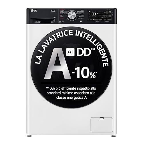 LG AI DD F4R7509TSWB Lavatrice 9kg, a Carica Frontale, Serie R7, Lavatrice Classe A -10%, 1400 giri, TurboWash 360, Autodosaggio, Vapore su 7 Programmi, Wi-Fi, Libera Installazione, Bianco