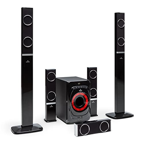 Auna Areal 825 - Sound System 5.1, Impianto Home Cinema 5.1, 200 Watt di Potenza RMS, Subwoofer Home Cinema da 8" + 5 Altoparlanti, Bluetooth, USB, SD, AUX, Telecomando incl., Nero