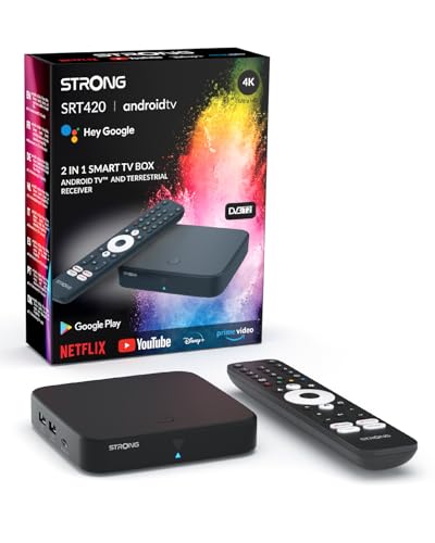 STRONG SRT420 TV Box Android TV 4K Con Porta Ethernet, DVB-T2, 2GB RAM + 16GB Memoria, Chromecast Integrato, WiFi, Assistente Vocale Google, HDR10+, Dolby Audio & Dolby Vision