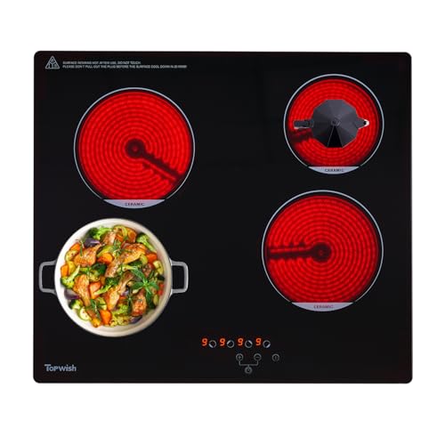 Topwish piano cottura vetroceramica 60cm, vetroceramica 4 fuochi, piano vetroceramica 6000W, piano cottura elettrico con chiusura a prova di bambino,comando a sfioramento,indicatore di calore residuo