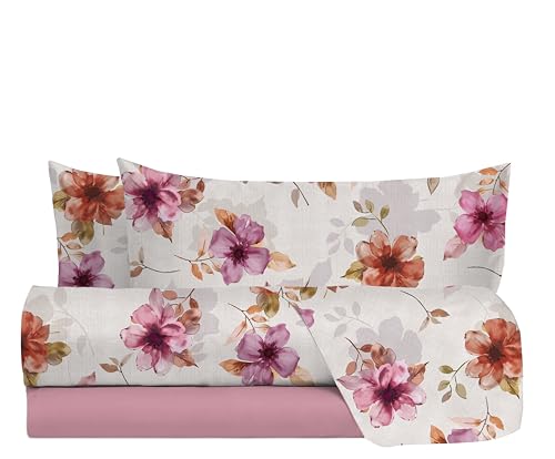 hermet Set Lenzuola Letto Matrimoniale In 100% Cotone Fantasia, Completo Letto 2 Piazze, Lenzuolo da Sopra + Lenzuolo con Angoli +2 Federe, Var. Kama Malva