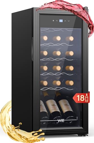 WIE Cantina Vino, 18 Bottiglie Cantinetta Vini, Cantina Frigo per Vino, Cantinetta Vino Refrigerata con Vetri Anti UV, Controlli Touch, Display LED, Ripiano Rimovibile, Basso Rumore, 5-18℃, 53L