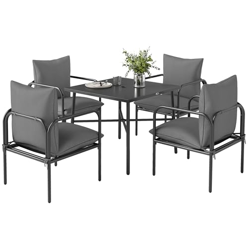 Outsunny Set Tavolo e Sedie da Giardino 5 Pezzi, Set da Esterno con 4 Sedie con Cuscini Lavabili e Tavolo con Foro Centrale per Ombrellone, Salotto da Giardino in Acciaio, Grigio