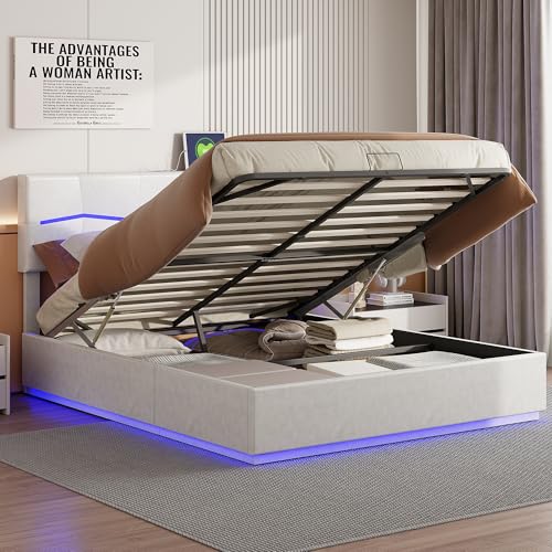 Letto imbottito 160 x 200 cm con luci a LED e USB, letto matrimoniale con spazio idraulico e base rinforzata, Letto contenitore, funzionale adatto per camera di adulti e ospiti, senza materasso