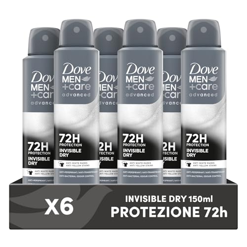 Dove Deodorante Dove Men + Care Invisible Dry Spray Advanced Care, Deodorante Uomo, con 1/4 Crema Idratante, Formula Idratante e Anti-Macchia, Protezione Fino a 72 Ore, 6 Pezzi da 150 ml