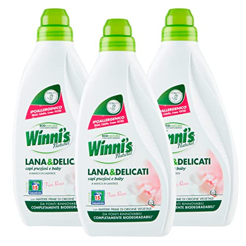Winni's Naturel Lana e Delicati Detersivo Liquido Concentrato per Bucato a Mano e Lavatrice Fragranza Fiori Rosa Per Capi Preziosi e Baby Materie Prime di Origine Vegetali - 3 Flaconi da 750ml
