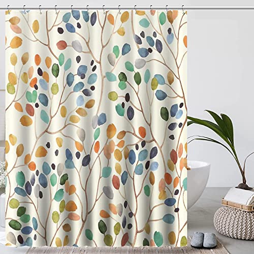 IGINOA Tenda Doccia 180x200 Tende Per Doccia Lavabili Antimuffa Beige Tenda Per Vasca Da Bagno Angolare Motivo botanico colorato con fori Tendina Doccia Con 12 Anelli Shower Curtain Tessuto
