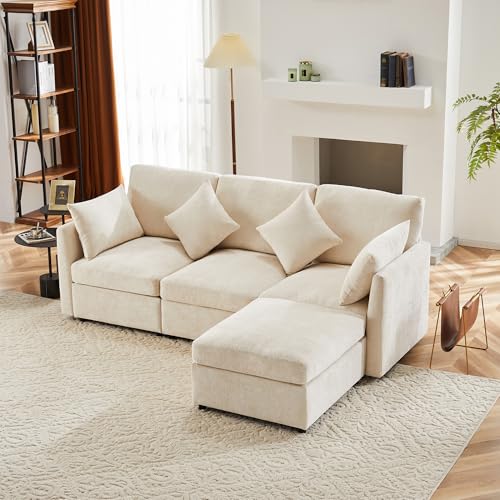 HOXINBLY Divano Letto 3 Posti con Penisola, Divano Angolare 3 Posti Forma di L, Divano Letto Matrimoniale con Materasso, Divano 3 Posti con Braccio e poggiapiedi,Beige