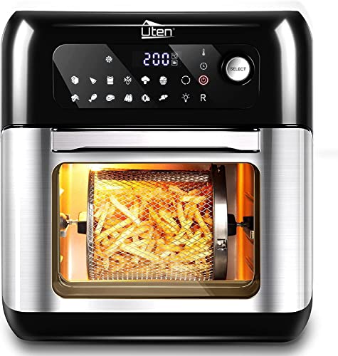 Uten Friggitrice ad Aria 10 Litri, 12 in 1 Forno ad Aria Calda con LED Touch Screen, Friggitrice Senza Olio da 1500W XXXL, Ricetta PDF, Acciaio Inox, 30P x 33l x 36H cm