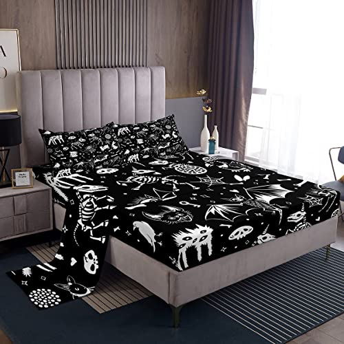 Loussiesd Set di lenzuola, motivo teschio gotico, pipistrello, coniglio, scheletro, Halloween, per bambine e ragazze, morbide, per letto singolo