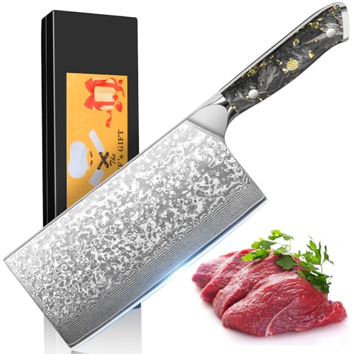 Mannaia Cinese Damasco - Coltello da Cucina Premium Coltello Damasco i Lama Extra Affilata da 17,6 cm Composta da 67 Strati di Acciaio Damasco VG-10 i Coltello da Carne Damasco, Confezione Regalo