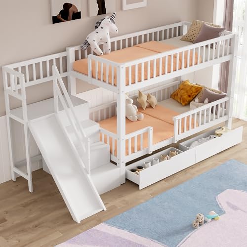 KUAKE Letto a castello per bambini, 90 x 200 cm, letto matrimoniale, multifunzione, con scivolo e scale, con 2 cassetti, senza materasso, bianco