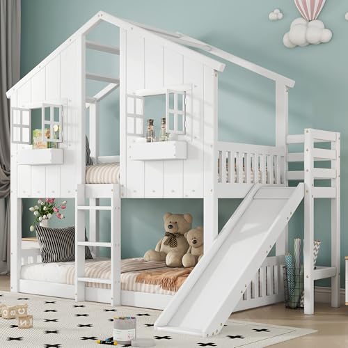Letto per Bambini 90x200 cm, Letto a Castello per 2 Bambini, Letto a Soppalco con Scivolo, Scala, Finestre e Tetto, Letti per camerette in Legno con Rete a Doghe e Protezione Anticaduta, Pino, Bianco