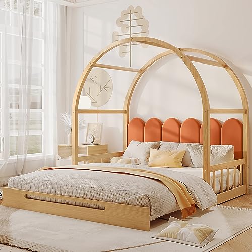 Casa letto, letto matrimoniale, letto scorrevole, letto con tetto ad arco estensibile, letto da giorno, cuscino in velluto, struttura in legno di pino, naturale e arancione (140x100cm&140x200cm)