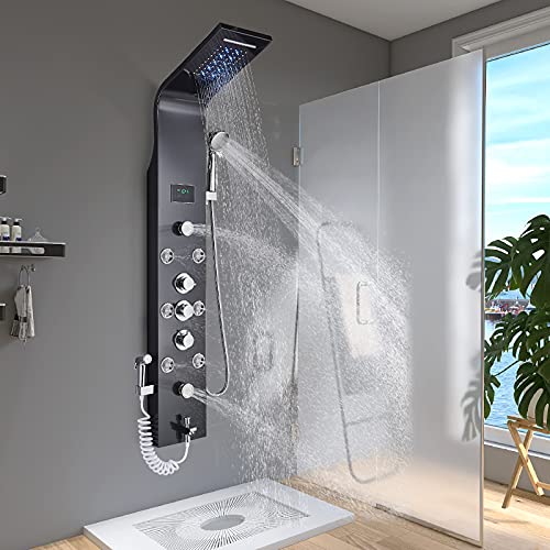 TVTIUO colonna doccia idromassaggio LED Pannello Doccia in Acciaio Inox con miscelatore,5 Funzioni Sistema Doccia, soffione, idromassaggio, doccia a cascata, doccetta