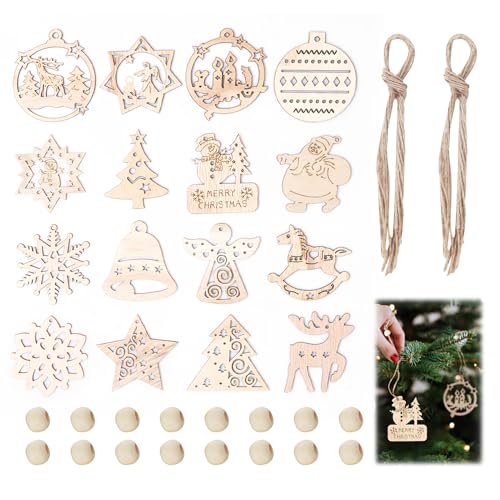 Set di 16 Decorazioni Natalizie in Legno Grezzo, Forme multiple, Decorazioni Fai da Te per Albero di Natale, Adatto per decorare scatole regalo, Regali di Natale Unici (Diametro 7 cm)