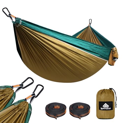 NATUREFUN Amaca da campeggio ultraleggera da viaggio, capacità di carico di 300 kg, (275 x 140 cm), traspirante, ad asciugatura rapida, in nylon da paracadute | 2 moschettoni di alta qualità, 2