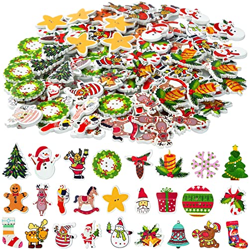 Simpatici bottoni in legno di Natale, 200 bottoni colorati in legno di Natale, bottoni assortiti per lavori di cucito, artigianato fai da te per scrapbooking, calza di Natale, bottoni decorativi