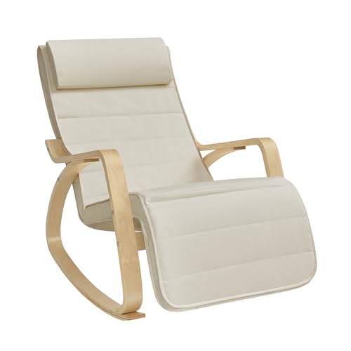SONGMICS Sedia a Dondolo con Braccioli in Legno di Betulla, Poltrona a Dondolo con Poggiapiedi Regolabile in 5 Posizioni, Max Portata 150 kg, Soggiorno Cameretta, Beige LYY10M