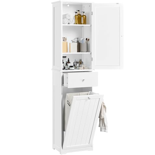 Yaheetech Armadietto da Bagno Indipendente con Cesto Mobiletto da Terra per la Biancheria Mobile da Bagno Alto con Armadietto e Ripiani Regolabili Bianco 45x30x180 cm