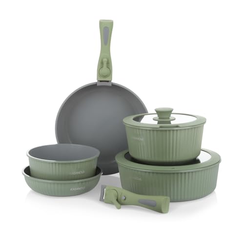 KASANOVA Batteria pentole 9 pezzi Eaziclip, Set pentole induzione con rivestimento ceramico e manici staccabili per uso in forno, Batteria antiaderente con coperchi (Verde)