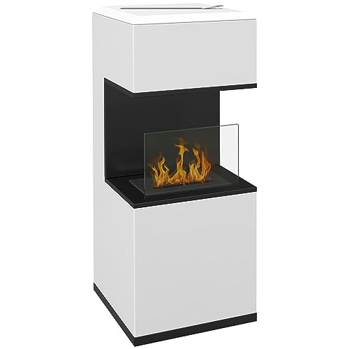 HOMCOM Camino a Bioetanolo da Terra con Bruciatore da 1.2L e Durata di 3 Ore, Biocamino con Pannello in Vetro e Spegnifiamma, 38x38x100cm, Bianco