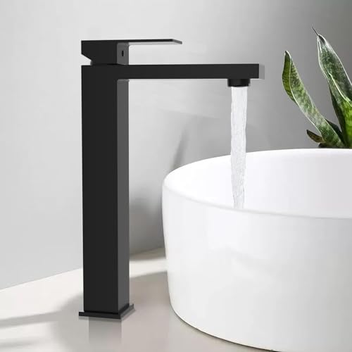 BuntHaus Rubinetto Bagno Nero, Rubinetto Lavabo Alto, Altezza beccuccio 250 mm, Miscelatore Monocomando, Acqua Calda e Fredda,Acciaio Inox, per Lavabi Sopra il Piano