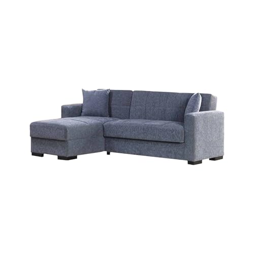 Divano Letto con penisola Fernando, Divano ad Angolo Reversibile, Sofà Contenitore da Soggiorno con Chaise Longue e 2 Cuscini, 230x150h81 cm, Grigio