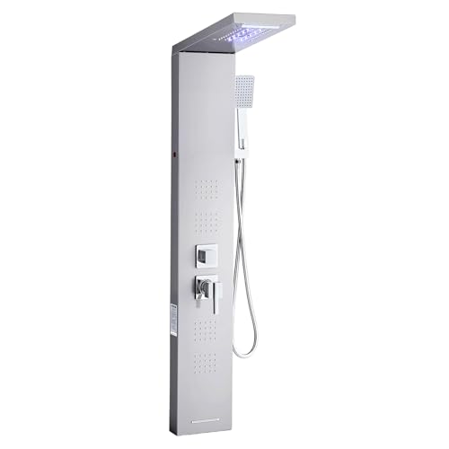 VEVOR Pannello Doccia con Sistema a Torre con Soffione a Cascata, LED, Colonna Doccia in Acciaio Inox Spazzolato da 1345 mm Rubinetto a 5 Funzioni, con Doccetta e Beccuccio per Vasca