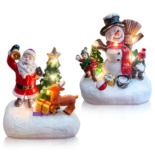 Decorazione natalizia per il villaggio di Natale con illuminazione, 2 pezzi, in resina, Natale, mini ornamenti da giardino in miniatura, Babbo Natale, pupazzo di neve (A)