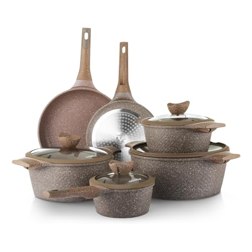 KASANOVA Set pentole antiaderente 0 Grassi, Batteria pentole a induzione e ogni piano cottura, set pentole e padelle antiaderente a 4 Strati con Design Moderno No PFOA (10 Pezzi)