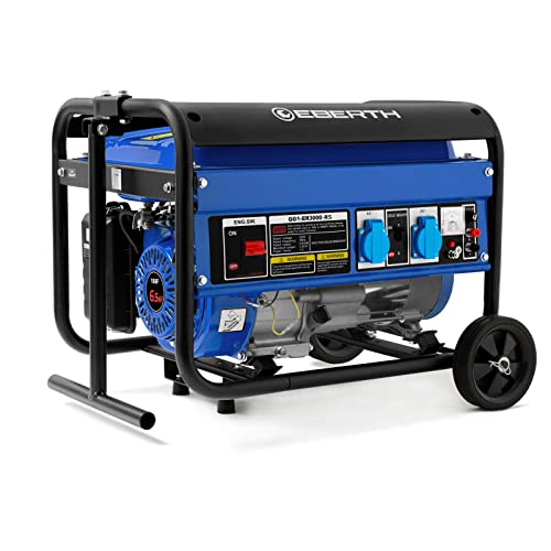 EBERTH 3000Watt Generatore di Corrente con Carrello, Motore a Benzina 4 Tempi 6,5CV, Monofasico, 2x230V, 1x12V, Regolatore automatico di Tensione AVR, Fusibile Livello dell'Olio, Indicatore Carburante