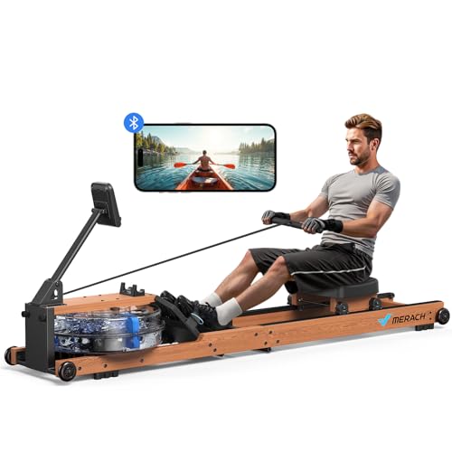 MERACH Vogatore ad acqua in legno, pieghevole, materiale in gomma e seduta comoda, con app esclusiva con gioco di carte interattive, esperienza di canottaggio coinvolgente, ideale per la casa fitness