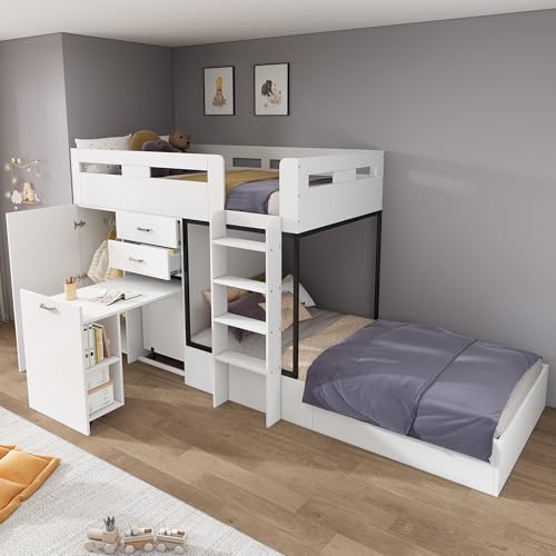 Doyisy Letto a Castello con Scrivania Estensibile e Guardaroba, Lettino Multifunzionale, Lettino a Castello per Bambini con Cassetto, Ripiani e Scale, Ampio Spazio di archiviazione, Senza Materasso