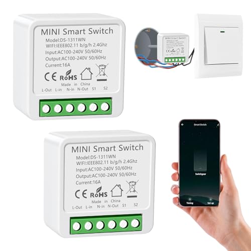 2PC Interruttore Alexa Luci, Dispositivo Wi-Fi per Automazione Domestica di Luci, Interruttori Intelligente WiFi, Controllo Vocale con Alexa, Timer Fai Da, Interruttor Wi-Fi