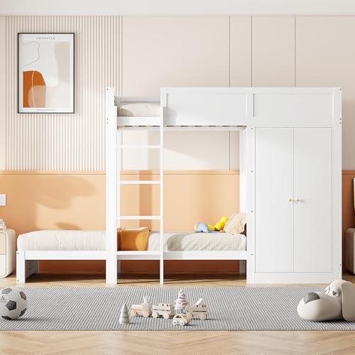 Azkoeesy Letto a castello 90 x 200 cm, con armadio, doghe, protezione, per 2 adulti o adolescente, bianco